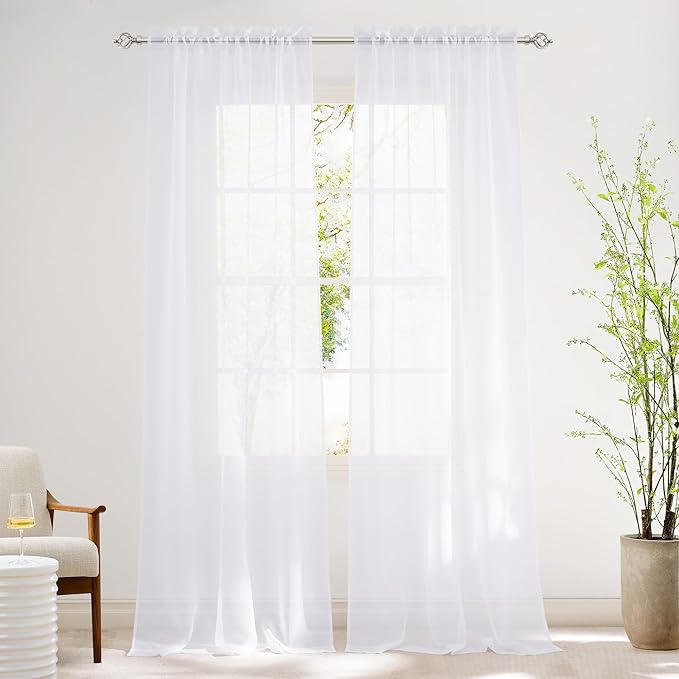 NICETOWN White Sheer Light Filtering Curtains 120 inches Long, Rod Pocket Lightweight Drapes Voile Sheer Air & Breathable Window Treatments for Living Room, W42 x L120, 2 Panels