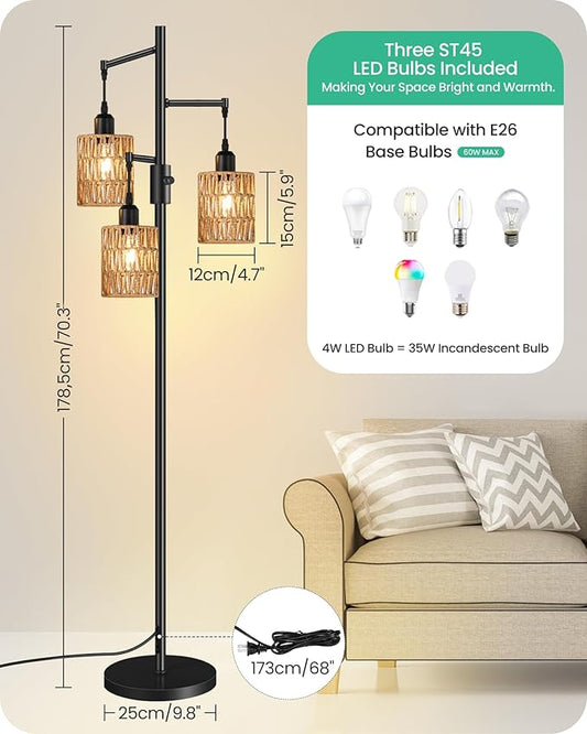 Dimmable Floor Lamp, Farmhouse Tall Standing 70.3" Tree Lamp with 3 Rope Woven Lampshades, Boho Rattan Floor Lights, 4W 3 LED Bulbs Included, for Living Room, Bedroom, Study, Office B03LD05