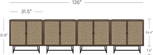 Nathan James Kova Bohemian Rattan Sideboard or TV Stand, Wooden Storage Cabinet with Doors, Walnut Sideboard Buffet or Rattan Accent Storage Cabinet with Matte Black Legs, Set of 4