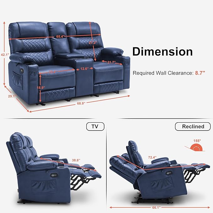 MCombo Zero Gravity Power Loveseat Recliner with Console, Heat and Vibration Massage, Reclining Loveseat Sofa with USB Ports, Cup Holders for Living Room, Faux Leather PR622Sets (Navy Blue)
