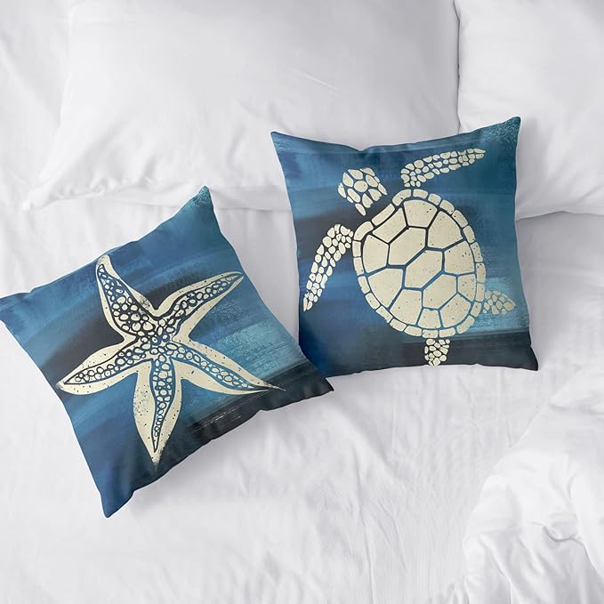 Coastal Starfish Throw Pillow Cover 24x24 in 2 Pcs Modern Farmhouse Pillow Covers Ocean World Sea Turtle Cushion Cover Cotton Blend Home Decor for Room Sofa Bed Outdoors