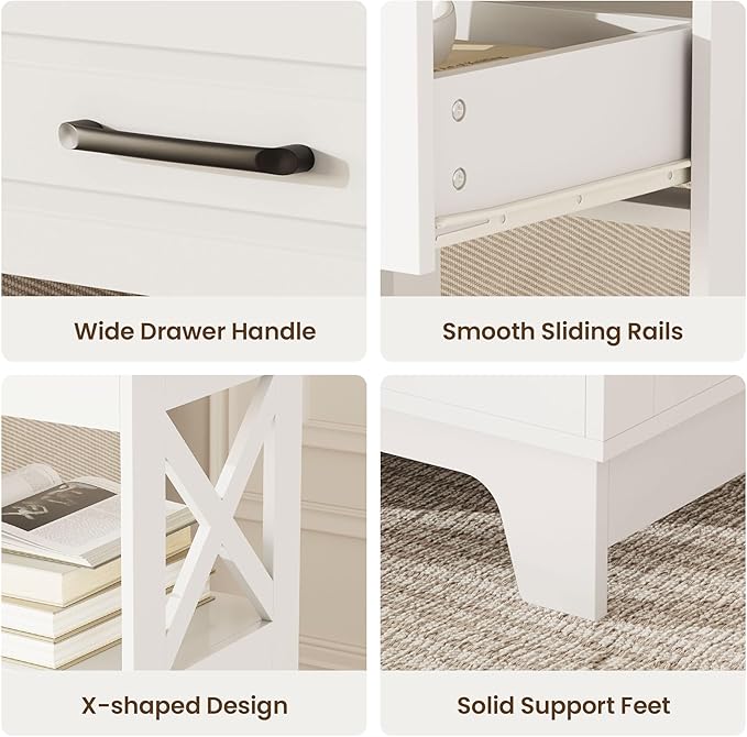 Tall Nightstand Set of 2 Side Table with 2 Drawers Modern Night Stand Wooden End Table Bedside Table with Upper Open Shelf Solid Feet for Bedroom, White