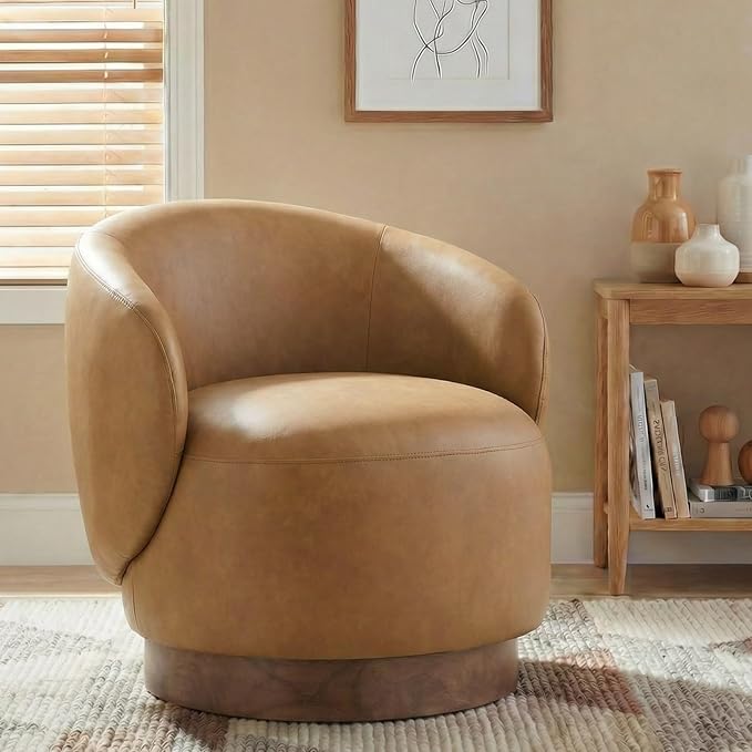 Swivel Accent Chair Modern Round Barrel Armchair with Upholstered Faux Leather for Living Room Bedroom Waitingroom,1 Box,Brown