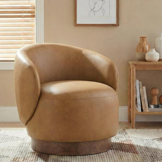 Swivel Accent Chair Modern Round Barrel Armchair with Upholstered Faux Leather for Living Room Bedroom Waitingroom,1 Box,Brown