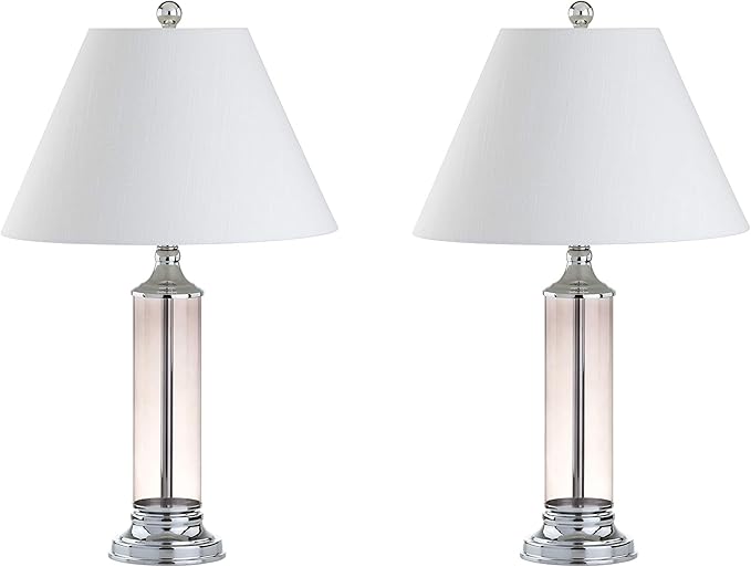JONATHAN Y 29" Smoked Gray Glass LED Table Lamp Set of 2, Modern Bedside Nightstand Lamps for Living Room Bedroom Office, White Linen Shade, Transitional Decor (JYL4014B-SET2)
