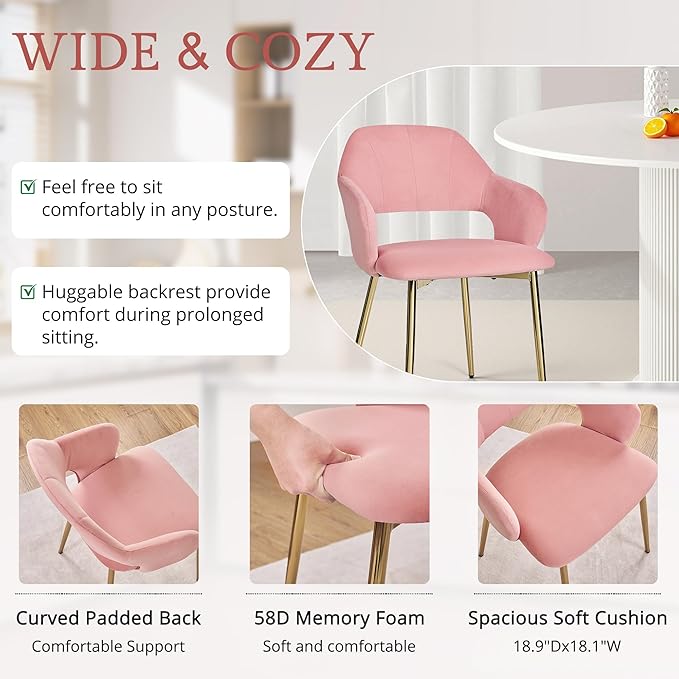 VECELO Velvet Dining Chairs Set of 6, Modern Upholstered Kitchen Chairs with Cushion, Padded Backrest and Metal Legs, Pink
