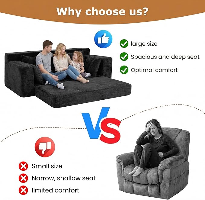 Convertible Sofa Bed, 5 in 1 Small Boneless Couch Pull Out Loveseat Sleeper Sofa,Corduroy Futon Couch Folding Mattress with 4 Pillows for Living Room Bedroom Lounge (Black, 3 Seater)
