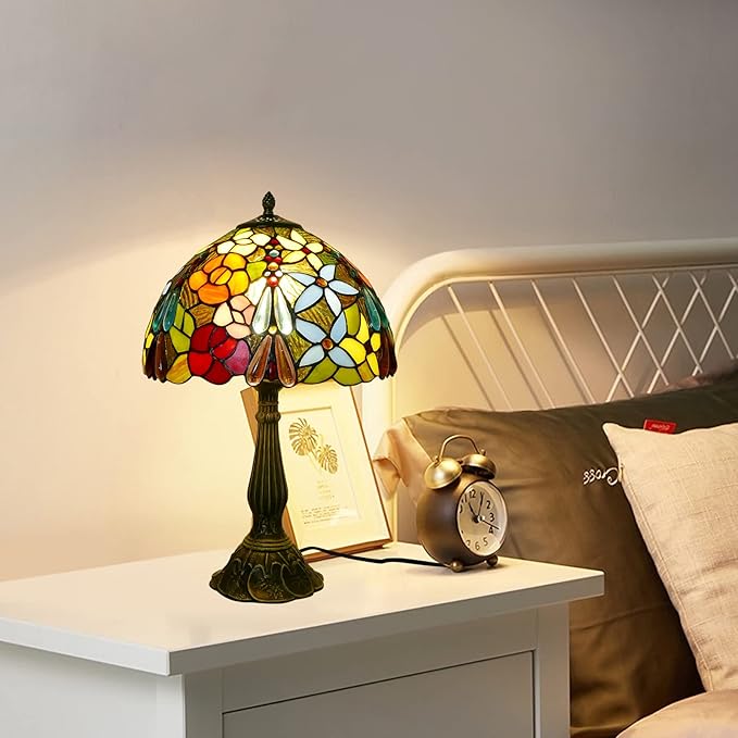 Tiffany Table Lamp 12x12x19 Inch Multi-Color Flowers Style Table Lamp Stained Glass Lamp Bedside Nightstand Reading Desk Light for Bedroom Home Office Decor (LED Bulb Included)