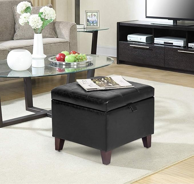 Adeco 17.7" Square Faux Leather Storage Ottoman, Tufted Footrest Stool with Hinged Lid & Wood Legs, Small Entryway Bench & Extra Seat for Living Room, Bedroom, Black