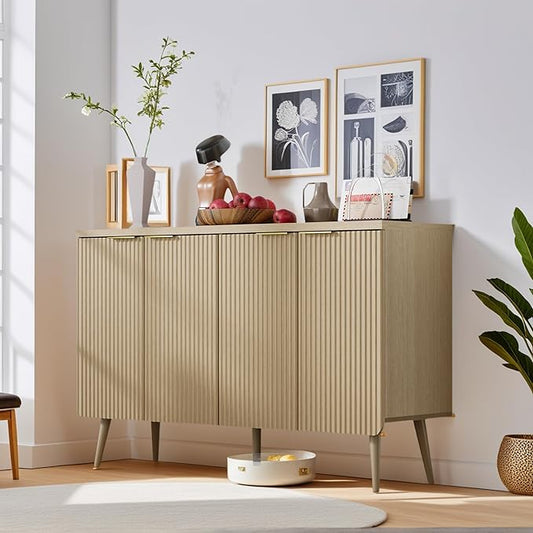 FONTOI 47.2" Wood Fluted Buffet Cabinet with 4 Doors & Storage - Multifunctional Kitchen Sideboard Credenza for Living Room & Entryway, Oak