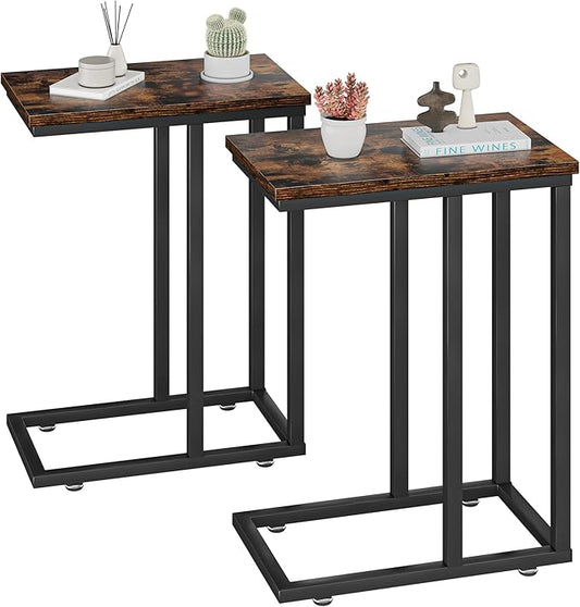 VECELO Universal C-Shaped Side Table, Multi-Functional Snack & TV Tray for Living Room, Bedroom, Brown (2 Set)