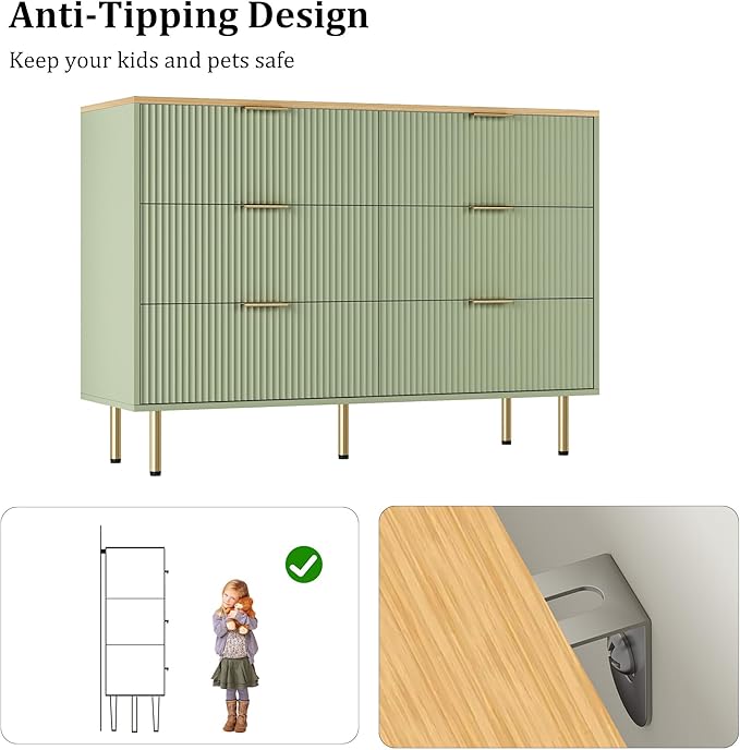 GAOMON 6 Drawer Dresser for Bedroom Chest of Drawers, 47" Wide Fluted Dresser with Drawers, Modern Wooden Double Dressers with Metal Handles for Living Room, Hallway
