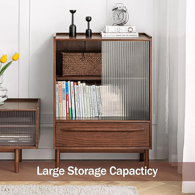 100% Solid Wood Storage Cabinet with Glass Doors and Drawers, Buffet Cabinet with Drawers, Display Sideboard for Living Room, Home Office, Dining Room (Walnut, 25.59" D x 13.78" W x 35.4" H)