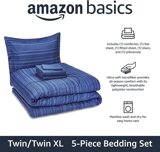 Amazon Basics Twin/Twin XL Comforter Set with Sheets, 5-Piece Blue Calvin Striped Bedding, Lightweight Microfiber Bed-in-a-Bag, Machine Washable