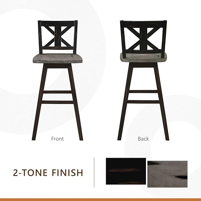 Lexicon Bar Height Bar Stools Set of 2-Solid Wood Frame 360° Swivel Wooden Stools, Foot Rest, X Back, Wide Seat, Distressed Farmhouse Easy to Clean Finish, 28.5" SH, Antique Black/Grey