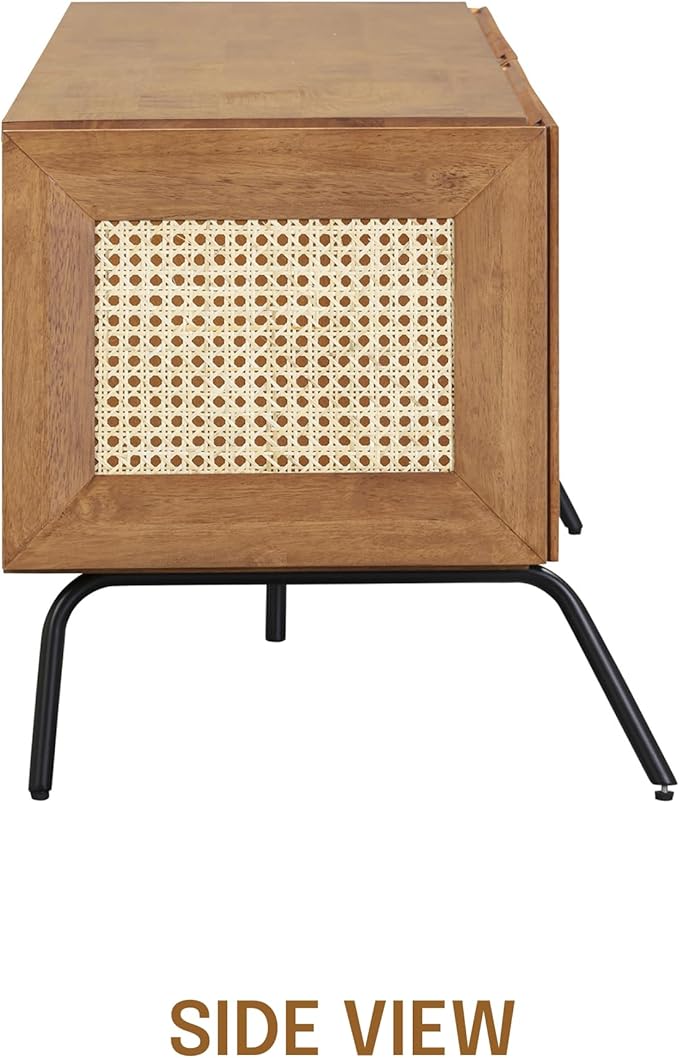 NTC Mossic TV Media Cabinet with 4 Doors for TVs, Entertainment Center with Natural Rattan, Metal Legs, Modern Storage Console for Living Room and Bedroom, Effortless Assembly, Teak Look