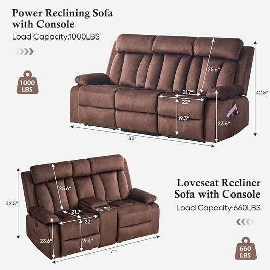 Velvet Power Recliner Sofa Living Room Set, Electric Loveseat Reclining Sofa Couch Set with Massage & Heat/Console/Cup Holder/USB & Type C, Modern Living Room Furniture Sofa Set (Brown)