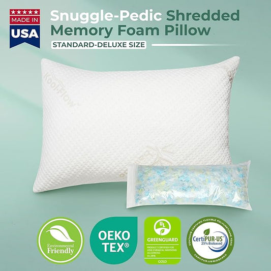 Snuggle-Pedic Adjustable Memory Foam Pillows - ﻿GreenGold Certified Pillow w/ Viscose of Bamboo Cover for Side, Stomach & Back Sleepers - Made in the USA - ﻿Standard