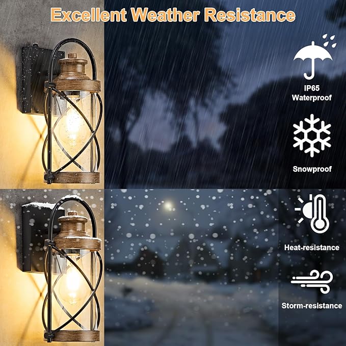 OKELI Dusk to Dawn Outdoor Wall Lights Fixtures, Waterproof Exterior Lighting Fixtures with Photocell Sensor,Vintage Faux Wood Grain Metal Cage Lantern Outside Lights for Porch Patio House Garage