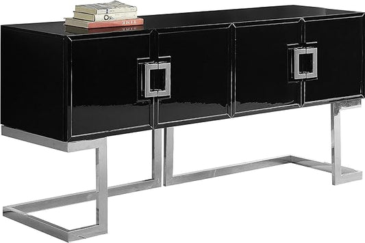 Meridian Furniture Beth Collection Modern | Contemporary Sideboard Buffet, Rich Chrome Stainless Steel Base, Black Laquer Finish, 64" W x 18" D x 31" H, Cabinet