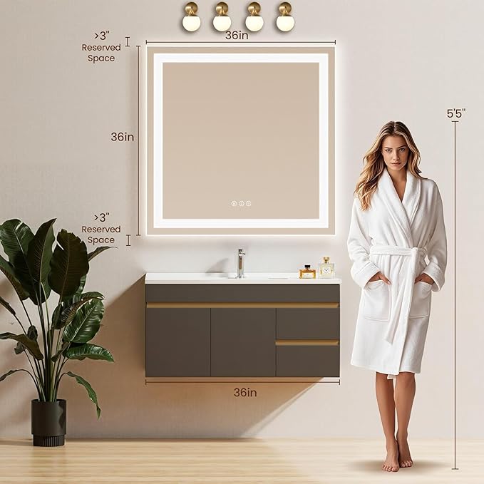 Simple Deluxe LED Bathroom Mirror 36x36 Inch Tempered Glass - Frameless LED Backlit Lighted Mirror for Bathroom Vanity with Anti-Fog, 3 Colors Dimmable, Memory Function, Wall-Mounted