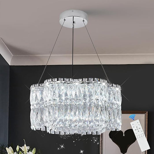 LED Crystal Chandelier with Remote Control 20’’ Luxury Modern Chrome Chandeliers Light Fixture Dimmable for Dining Room Bedroom Kitchen Foyer Entryway 3000-6500K