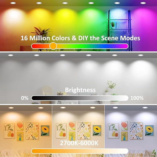 Smart WiFi 2 Inch LED Downlight 5W 120V, RGBCW Color Changing Recessed Light, Dimmable COB 2700K-5000K, Compatible with Alexa/Google, LED Can Lights with Driver, 12 Pack