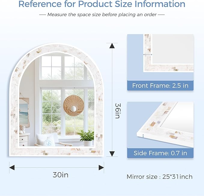 Tanmicoshomy White Arched Wall Mirror 30x36 Inches, Mosaic Bathroom Mirror with Shell Frame for Bathroom Living Room Bedroom or Entryway