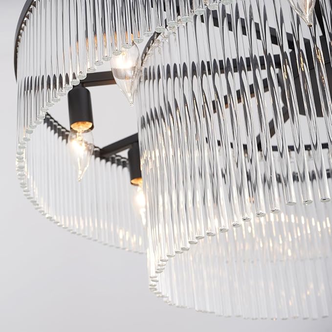 Contemporary Black Chandeliers, 2-Tier Dining Room Glass Chandelier Lighting 10 Lights Round Chandelier for Living Room Foyer Entryway Ceiling Hanging Pendant Light Fixture 32"