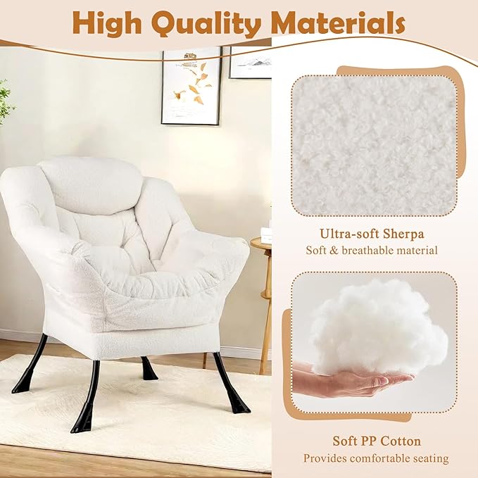 GORELAX Modern Lazy Chair,Upholstered Lounge Accent Chair, Single Leisure Sofa Chair with Armrests & Side Pocket, Comfy Reading Chair for Bedroom, Living Room, Dorm Room (Plush Beige)
