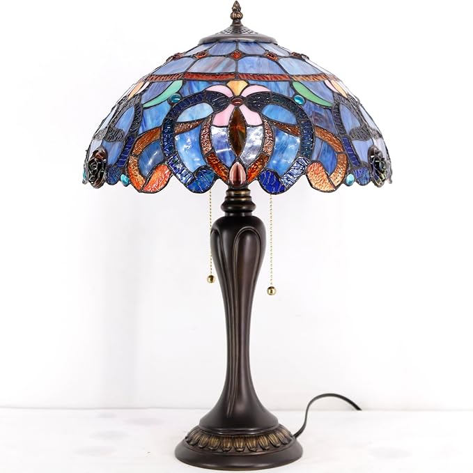 WERFACTORY Tiffany Lamp Blue Purple Cloud Stained Glass Style Table Lamp 16X16X24 Inches Desk Bedside Reading Light Resin Base Decor Bedroom Living Room Home Office S558 Series