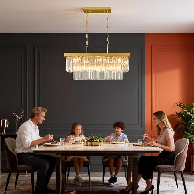 Crystal Chandeliers for Dining Room Light Fixtures Over Table，9-Lights Gold Modern Rectangle Chandeliers for Kitchen Island Bar L28 Inch