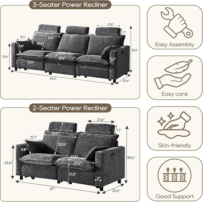 Chenille Power Reclining Sofa Set – 2-Seater Loveseat & 3-Seater Couch with Under-Seat Storage in Middle Seat, Removable Headrests & Throw Pillows, USB Charging Ports (Grey)