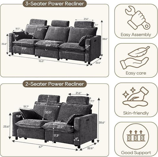 Chenille Power Reclining Sofa Set – 2-Seater Loveseat & 3-Seater Couch with Under-Seat Storage in Middle Seat, Removable Headrests & Throw Pillows, USB Charging Ports (Grey)