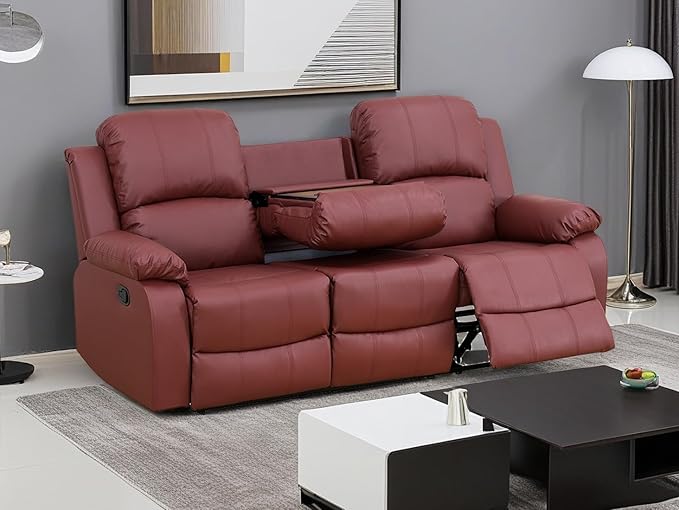 Bonded Leather Reclining Sofa Couch Modern Manual Recliner Sofa Living Room Furniture 3 Seater Reclining Sofa with Cup Holders & Drop-Down Table for Home/Office/Rv Car (Red, 3 Seater Sofa)