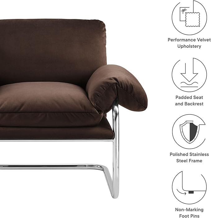 Modway Ansel Performance Velvet Accent Chair in Chocolate Brown - Stain-Resistant Velvet Lounge Chair for Living Room, Bedroom - Corner Reading Chair with Arms and Removable Cushions