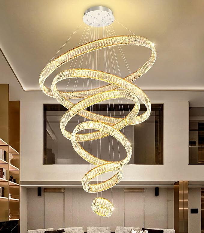 Large Ring Chandelier Modern Crystal Chandeliers for High Ceiling Round LED Dimmable Ceiling Light Fixture for Foyer Long Stair Silver 8''+16''+24''+32''+40''+47''