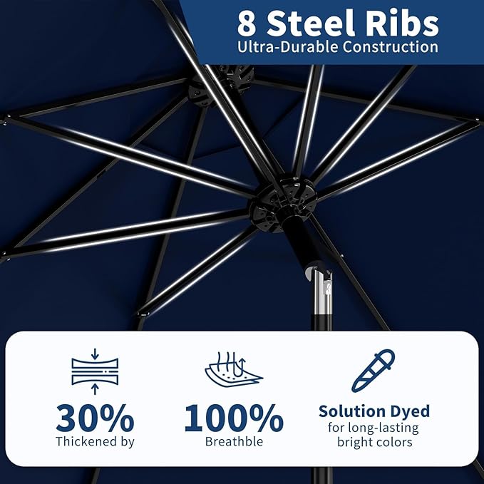 Garvee 10 ft Patio Umbrella - 8 Sturdy Ribs Outdoor Table Umbrella with Crank Lift & Push Button Tilt - Market Umbrella for Pool, Deck, Yard, Garden - Navy Blue