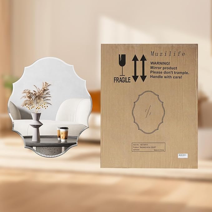 Muzilife 24x31 Frameless Oval Wall Mirror Beveled Scalloped Mirror Silver Wall Mirror with MDF Backplane Over Bathroom Sink for Vanity, Bedroom or Any Other Room in Your Home