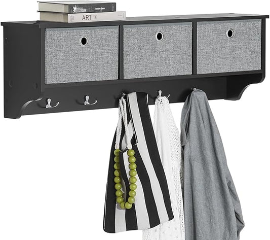 SoBuy Wall Shelf with Hooks, Coat Rack Wall Mount with Shelf Entrywall Storage Cabinet Unit with 3 Baskets 5 Hooks, Black, FRG282-SCH