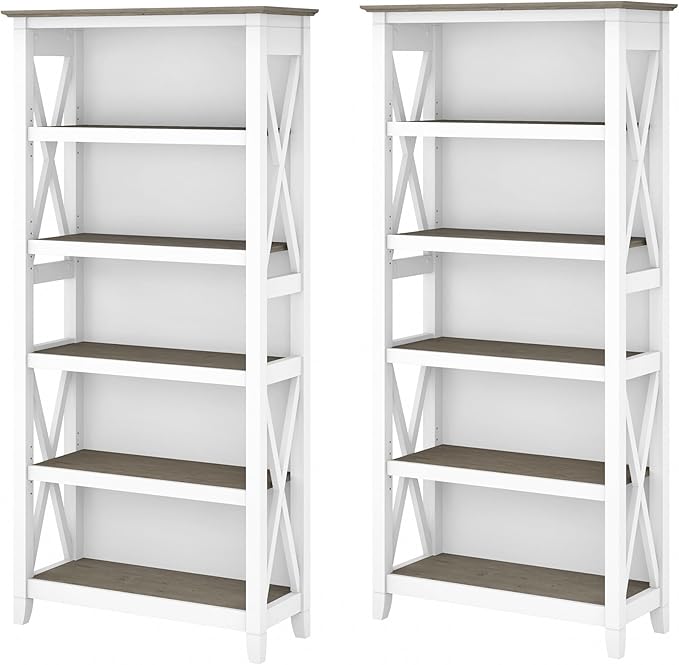 Bush Home Key West 5 Shelf Bookcase - Set of 2 | Tall Bookshelves in Pure White and Shiplap Gray | Sturdy Display Shelves for Library, Living Room, and Home Office