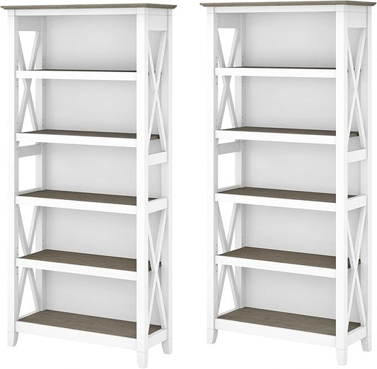 Bush Home Key West 5 Shelf Bookcase - Set of 2 | Tall Bookshelves in Pure White and Shiplap Gray | Sturdy Display Shelves for Library, Living Room, and Home Office