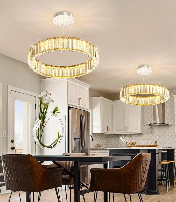 16'' Modern Ring Chandelier Crystal Chandeliers for Dining Room Round LED Dimmable Ceiling Light Fixture for Living Room Bedroom Lighting Silver