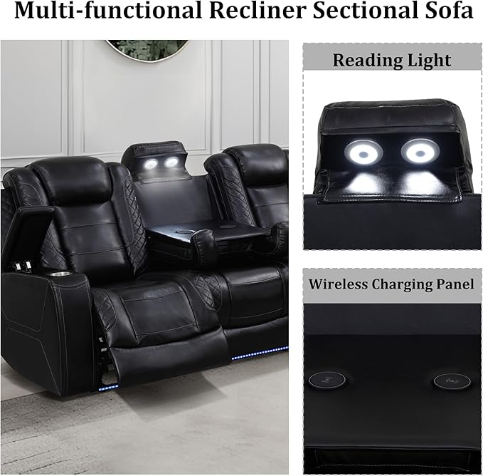 Power Recliner Sofa Set with LED, Breathing Leather Sectional Couch for Living Room, Living Room Furniture Set L Shaped Reclining Couch and Chair with Cup Holders&Storage (Black Upgraded)