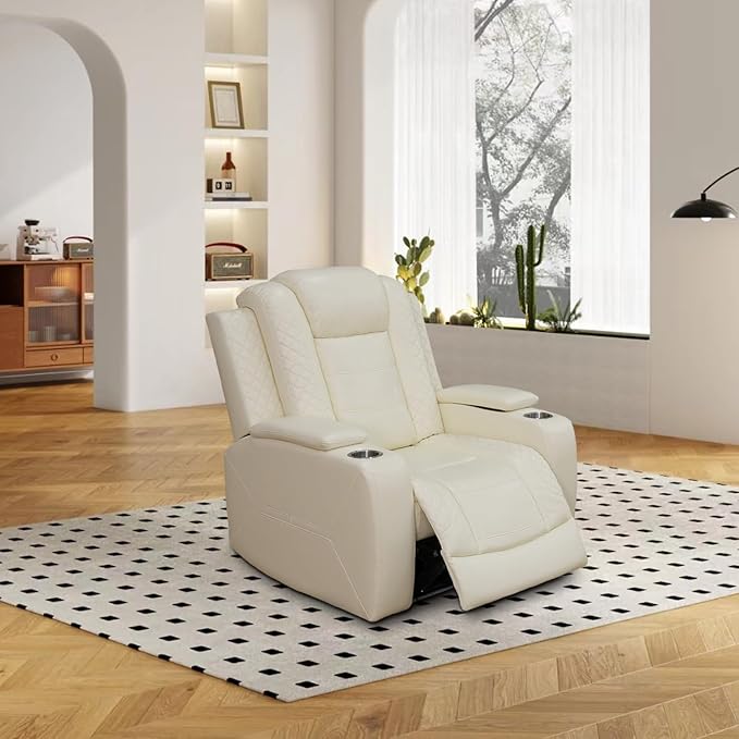 Power Recliner for Living Room, Air Leather Reclining Chair with LED/Storage, 1-Seater Reclining Furniture, Creamy White Leather Couch for House/Apartment/Office