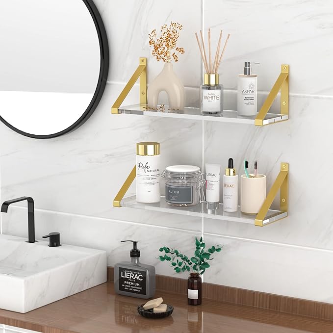 Clear Shelves, Gold Floating Shelves Wall Mounted Set of 3, 8mm Transparent Acrylic, Invisible Wall Shelves for Bedroom, Living Room, Bathroom, Kitchen, Office Display Decor (15in)