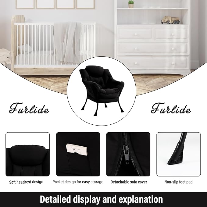Lazy Chair for Living Room, Modern Accent Chairs with Armrests, Black Armchairs with Side Pocket, Cozy Lazy Sofa for Reading, Balcony, Bedroom, Dorm, Small Spaces