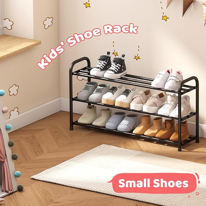 Shoe Rack for Closet, 3-Tier Expandable Closet Shoe Rack Metal Organizer, Heavy Duty Black Shoe Storage Shelf for Entryway, Doorway, Narrow Space