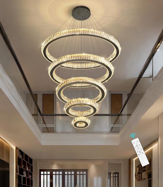 Modern Chandelier 8"+16"+24"+32"+40" 5 Rings Crystal LED Dimmable Lighting Foyer Entryway High Ceiling Living Room Chanderliers Pendant Lights Fixtures Black Light