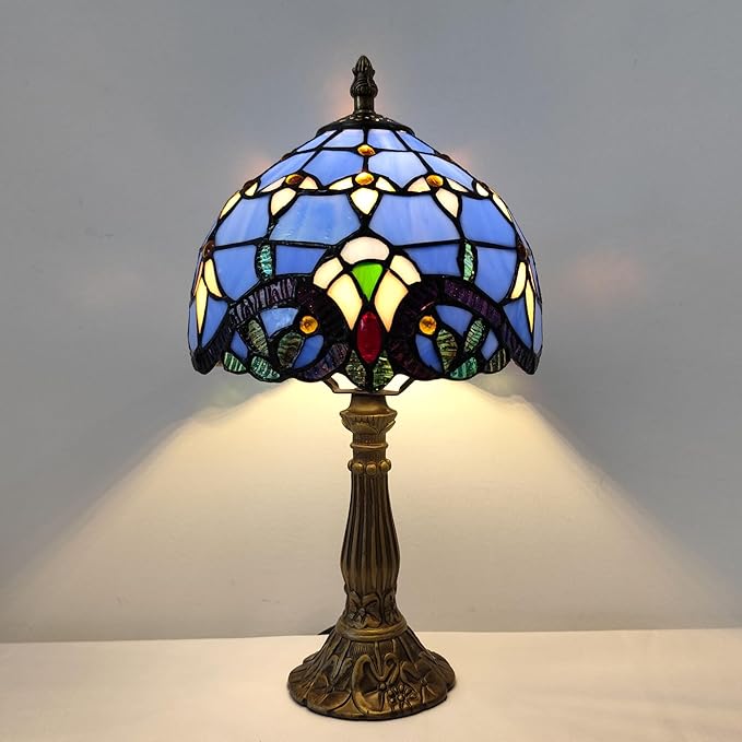 Tiffany Table Lamp 3-Way Light Handmade Bedside Lamp Small Desk Night Lamp Stained Glass Antique 15inch Tall Desk Light for Home Office Bedroom Living Room Study Room, Blue